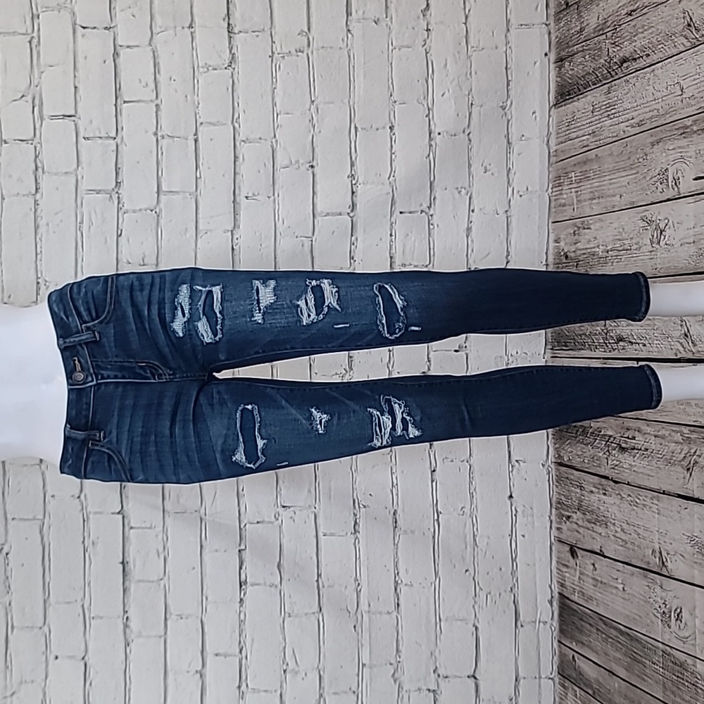 AE Next Level Mid Rise Distressed/Patched Crop Ankle Jegging Med/Dark Blue Wash